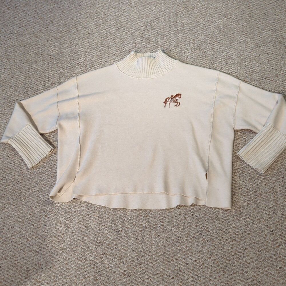Anthropologie Maeve Logan Sweater M Beige Horse Embroidered